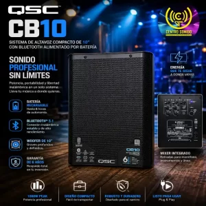 sistema de altavoz compacto de 10" qsc cb10 con bluetooth alimentado por bateria