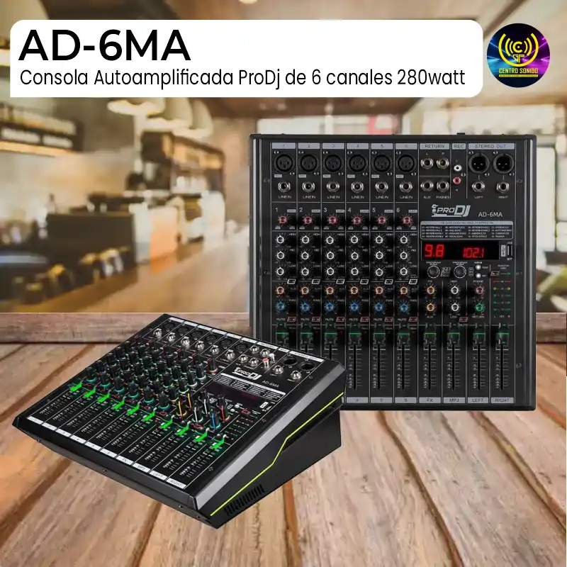 consola autoamplificada prodj ad 6ma de 6 canales 280watt consola autoamplificada prodj ad 6ma de 6 canales 280watt